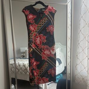 New York & Company Black Midi Dress with Red Floral Print